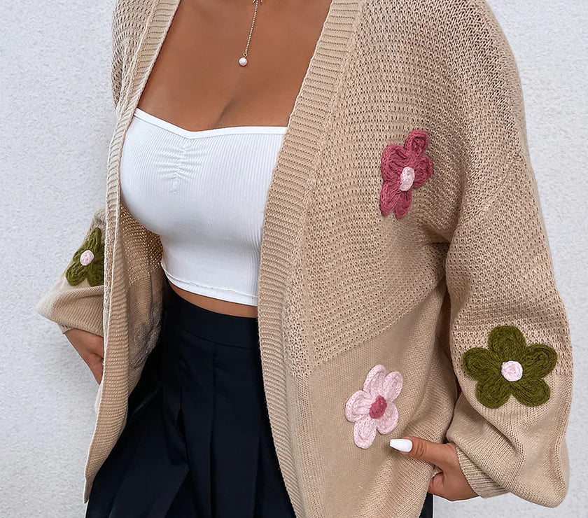 Floral Applique Drop Shoulder Open Front Cardigan