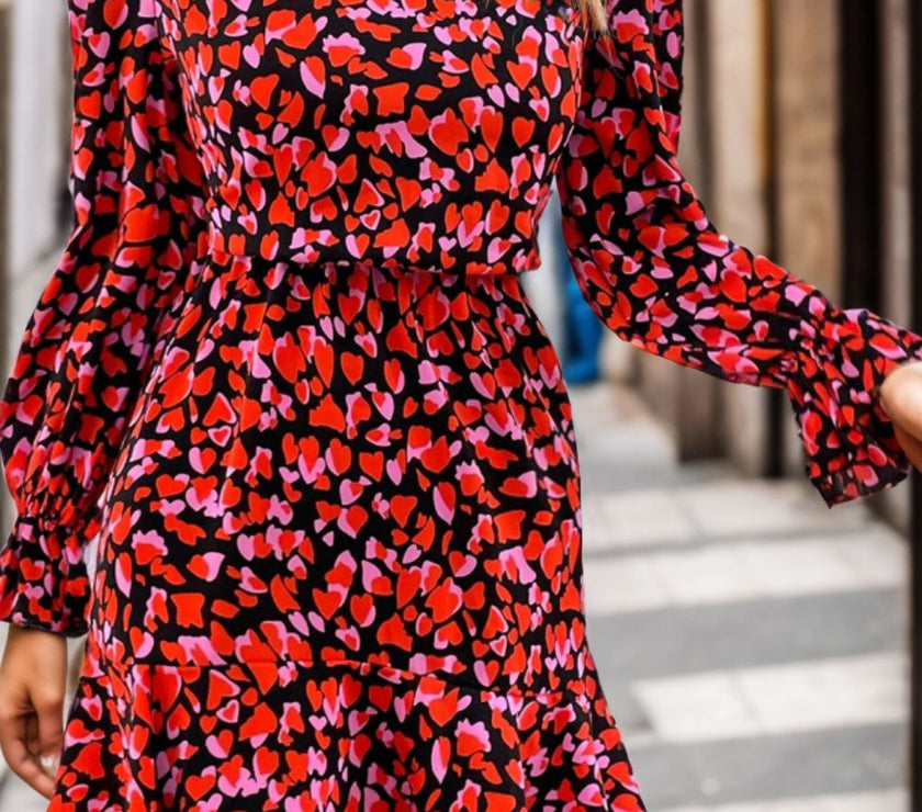 Heart Printed Mock Neck Flounce Sleeve Dress