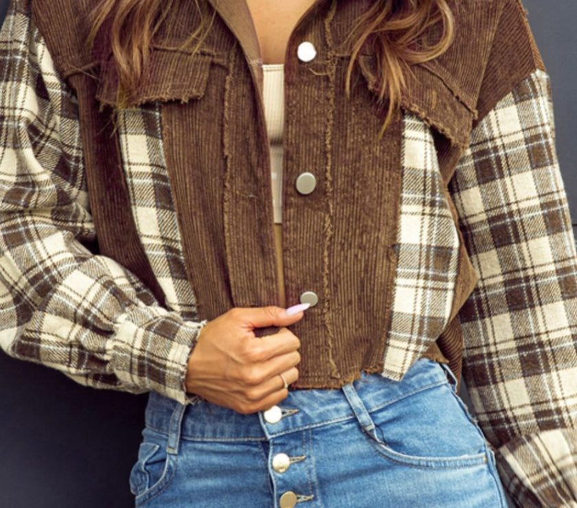 Raw Hem Plaid Cropped Hooded Jacket