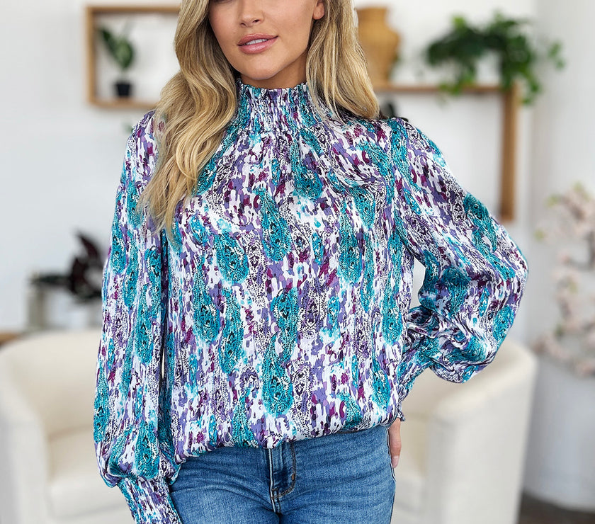 Double Take Full Size Printed Smocked Long Sleeve Blouse