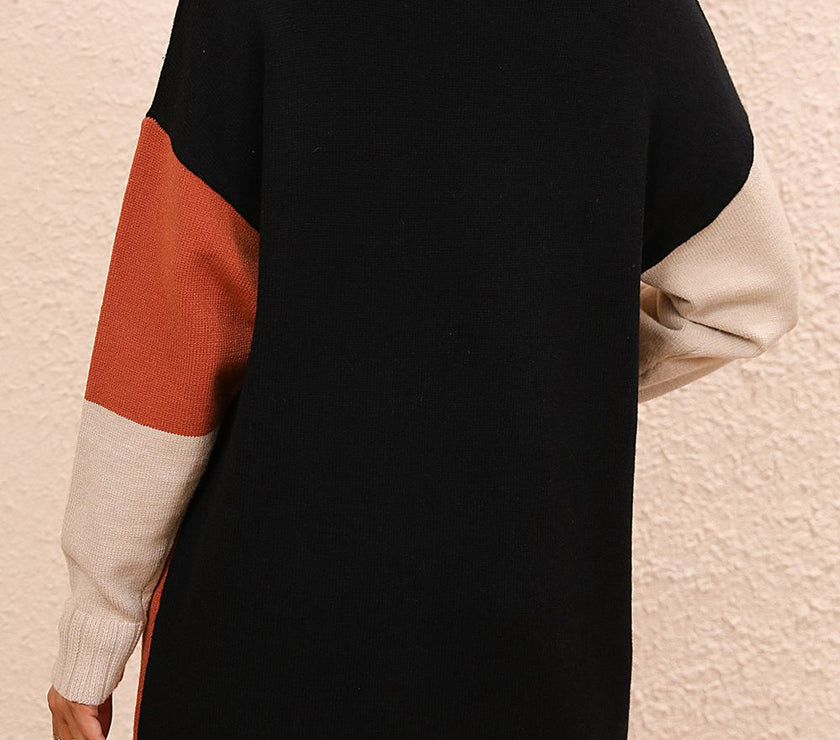 Color Block Mock Neck Dropped Shoulder Sweater Dress