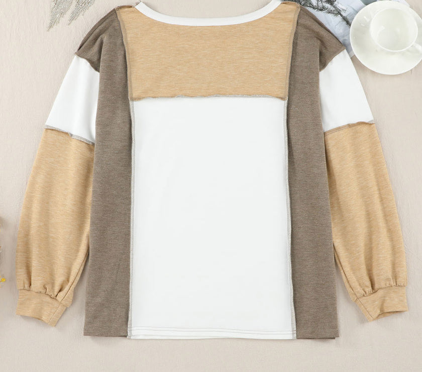 Exposed Seam Contrast Round Neck Long Sleeve Top