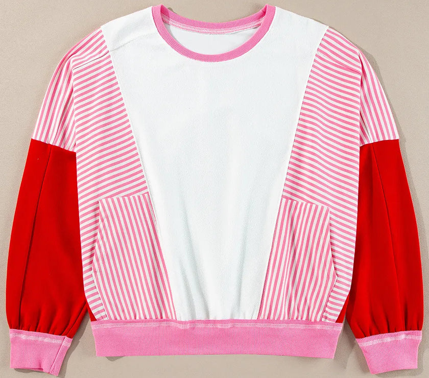 Striped Color Block Round Neck Long Sleeve Sweatshirt