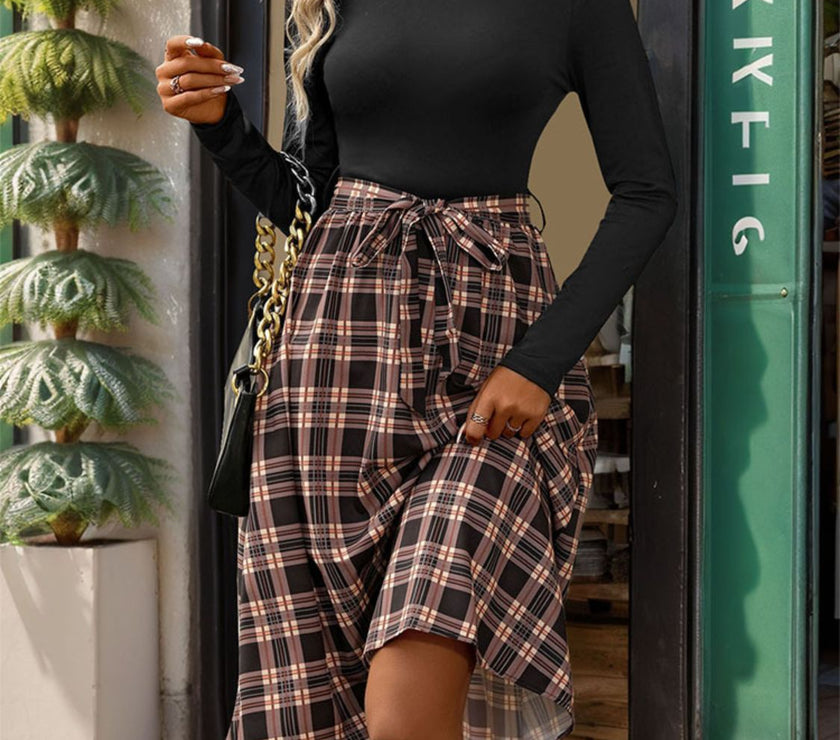 Perfee Plaid Mock Neck Long Sleeve Dress