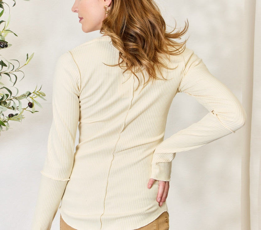 Culture Code Full Size Ribbed Round Neck Long Sleeve Top