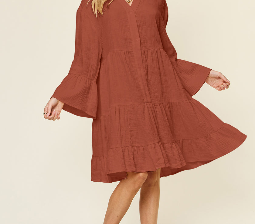 Double Take Full Size Texture Button Up Ruffle Hem Dress