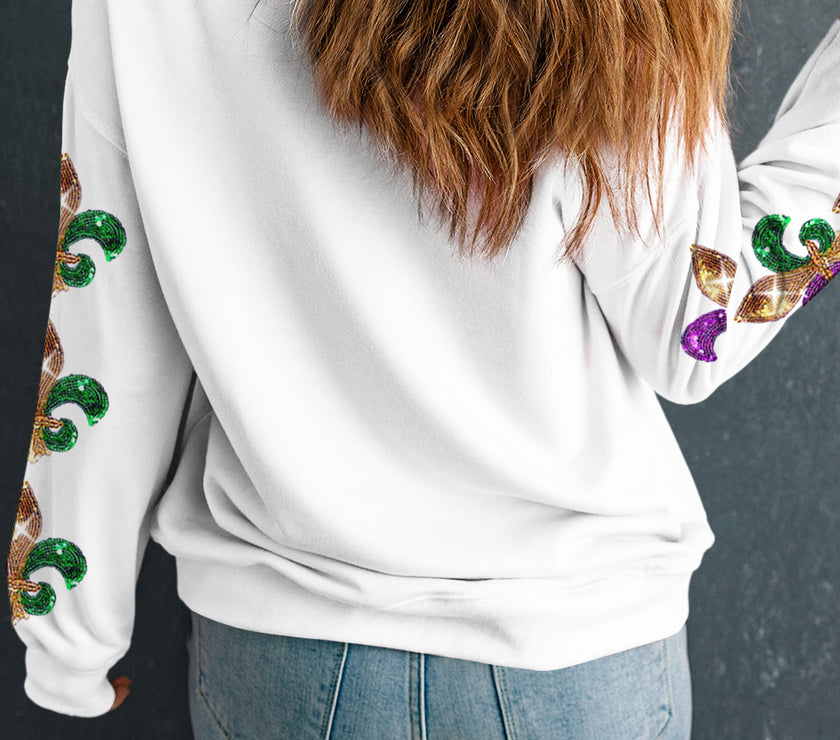 Beige Sequin Mardi Gras Patched Pattern Fleur de Lis Sleeve Sweatshirt
