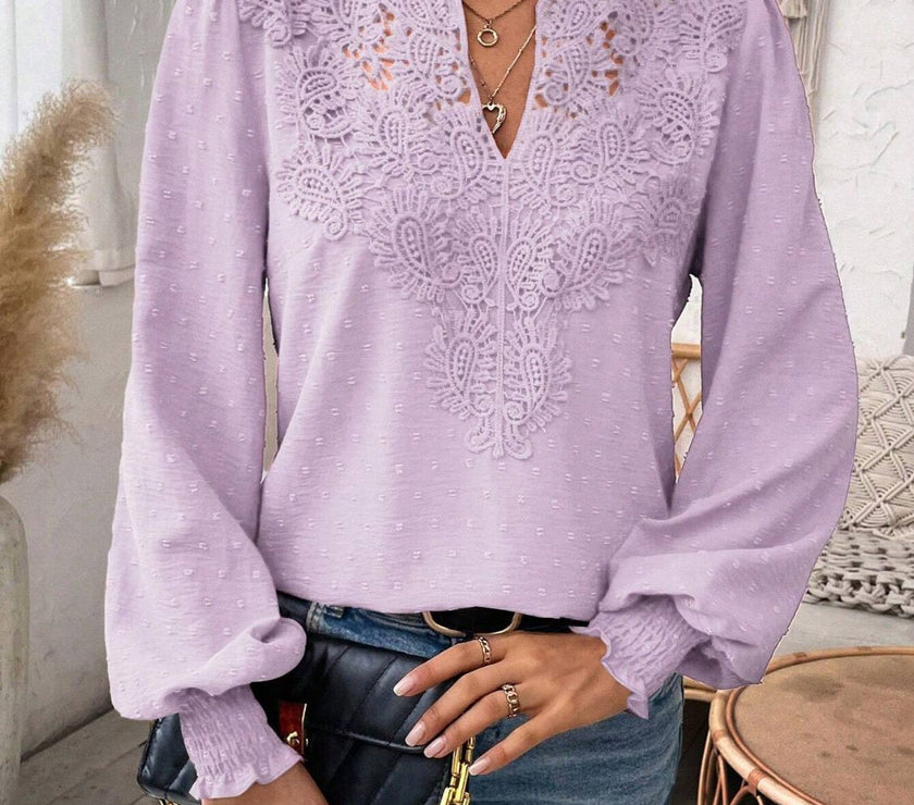 Swiss Dot Lace Detail Notched Long Sleeve Blouse