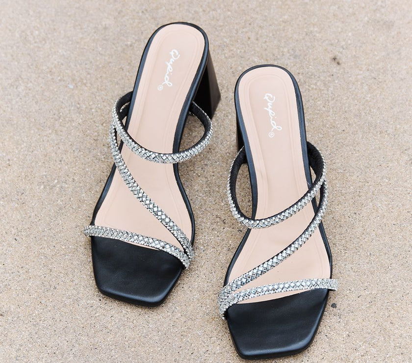Qupid Level Up Rhinestone Strap Heels