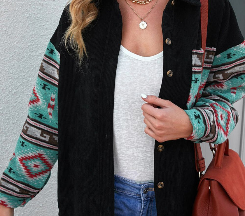 Pocketed Geometric Collared Neck Shacket