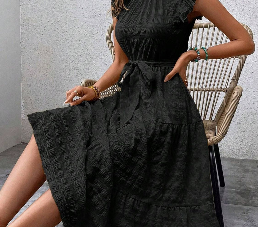 Tied Ruffled Cap Sleeve Midi Dress