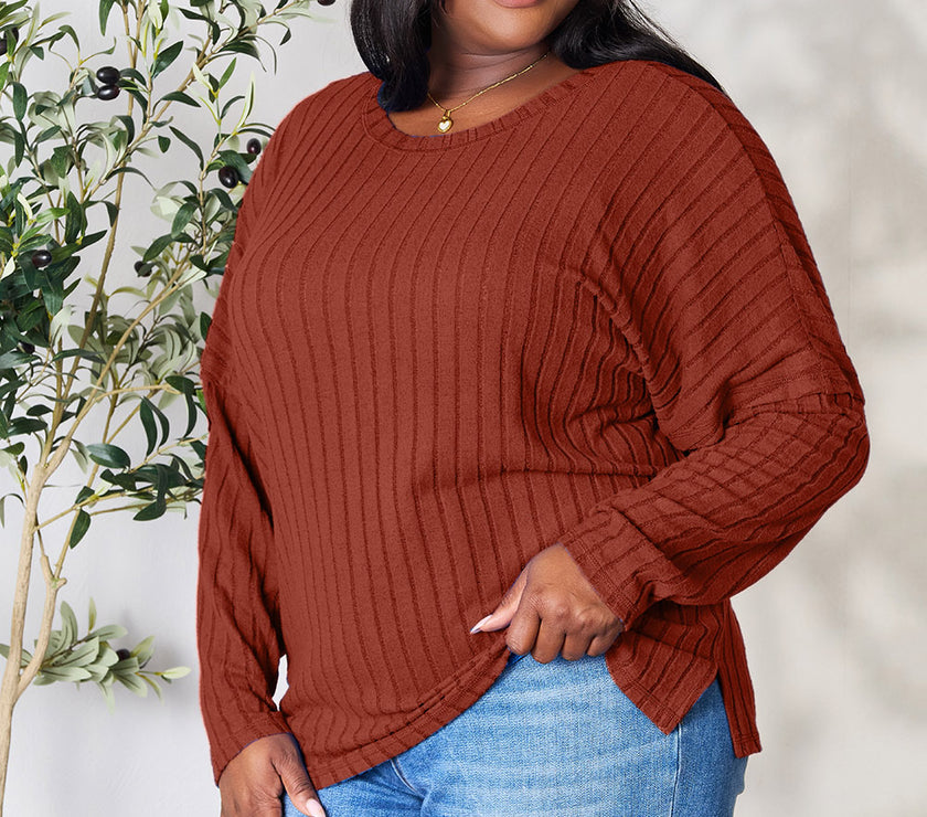 Basic Bae Full Size Ribbed Round Neck Slit Knit Top