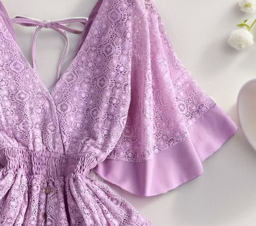 Ruffle Hem Tie Back Lace Mini Dress