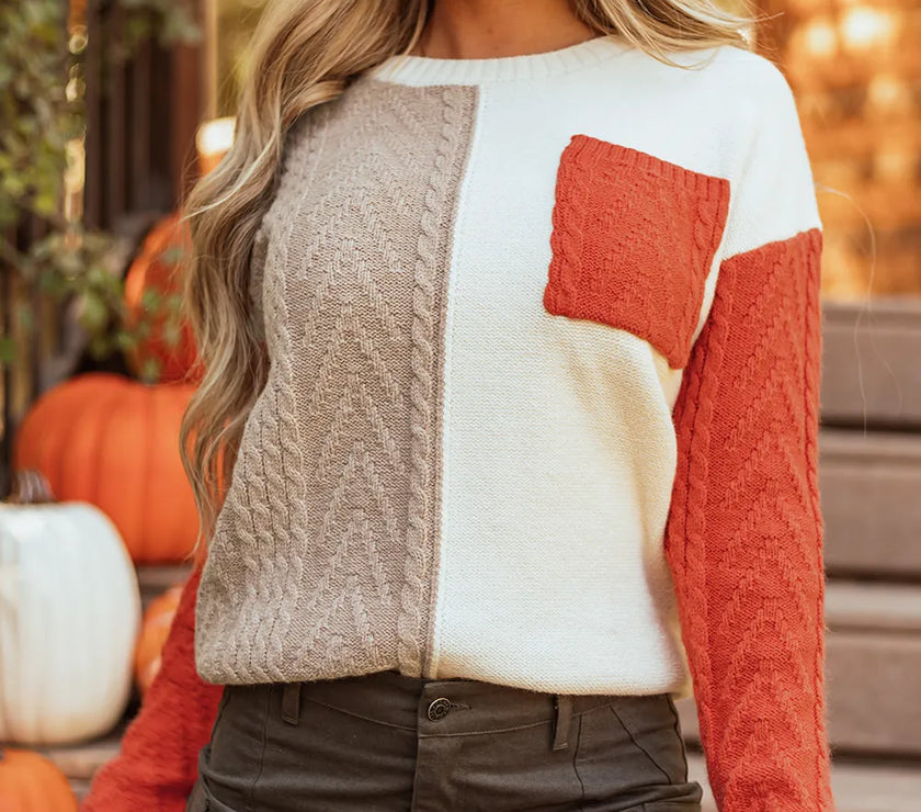 Color Block Round Neck Long Sleeve Sweater