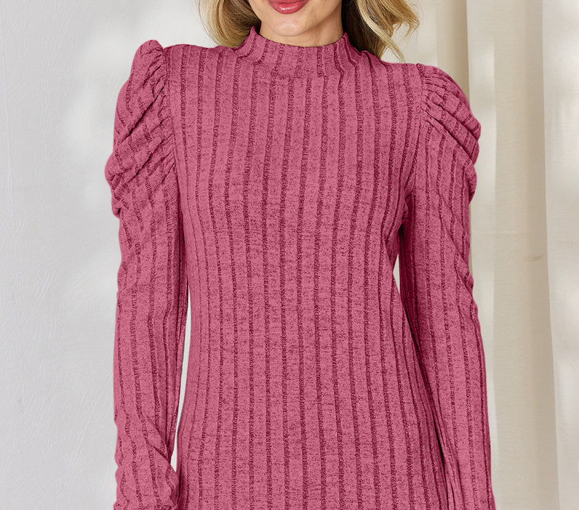 Basic Bae Full Size Ribbed Mock Neck Puff Sleeve T-Shirt