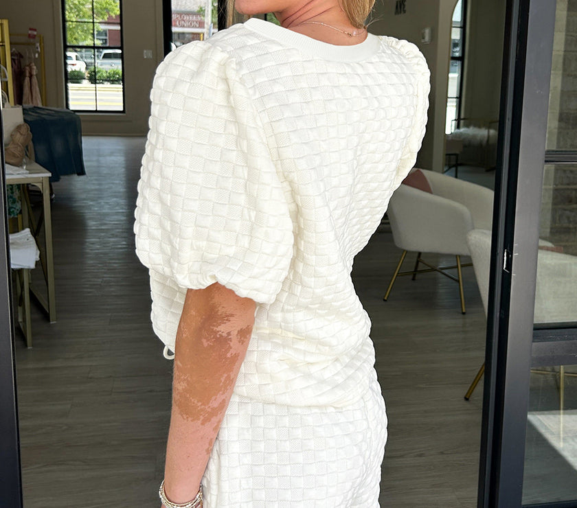 White Solid Color Checkered Texture Short 2pcs Outfit