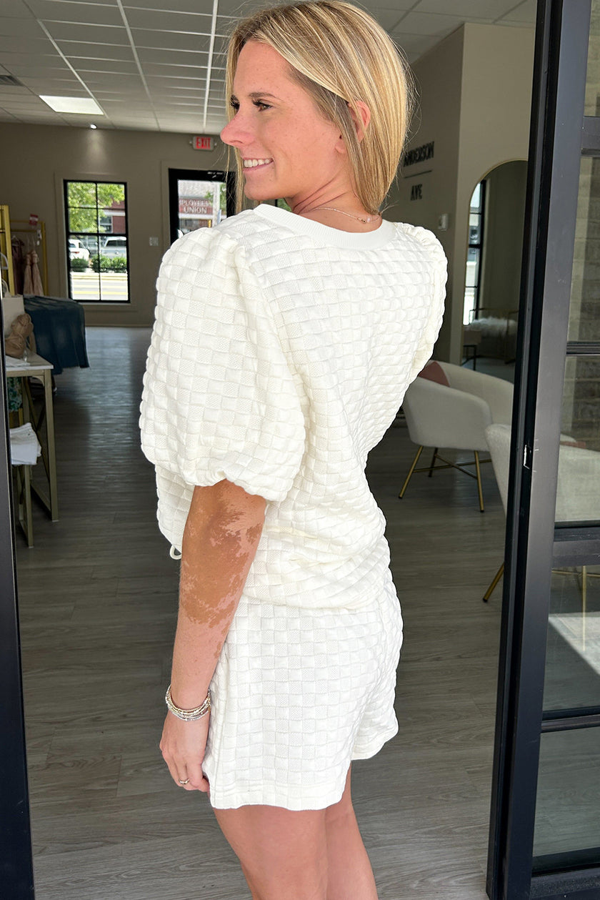 White Solid Color Checkered Texture Short 2pcs Outfit