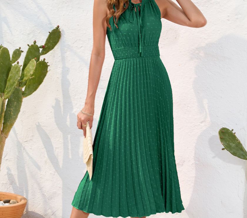 Swiss Dot Tie Neck Sleeveless Dress