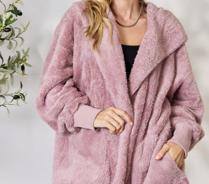 H&T Faux Fur Open Front Hooded Jacket