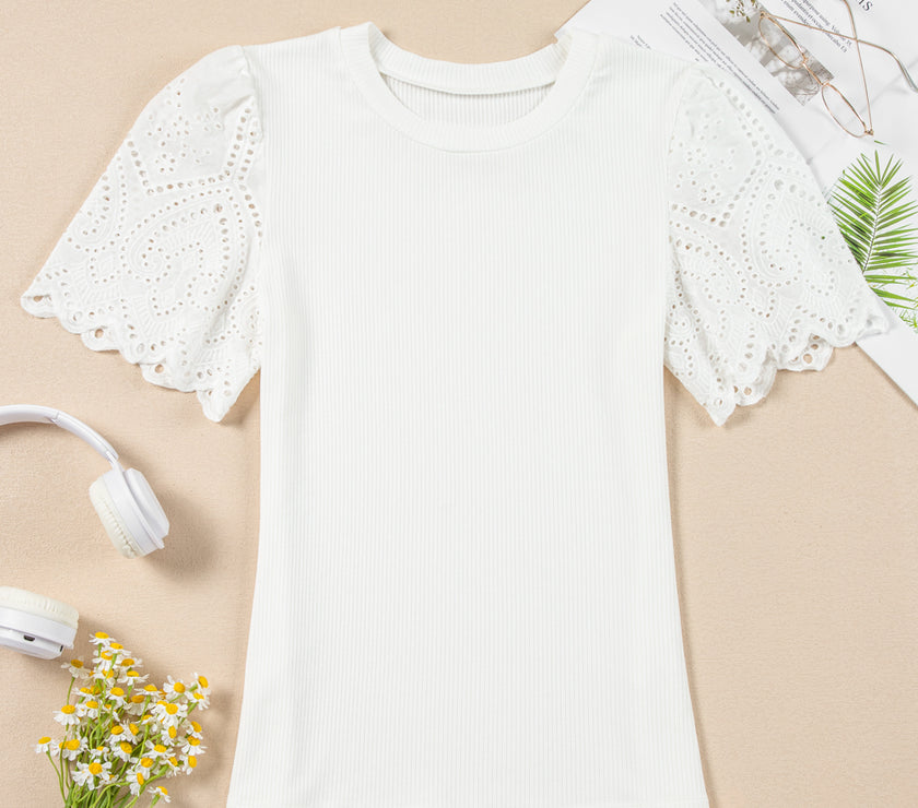 White Eyelet Pattern Short Sleeve Patchwork Ribbed Top