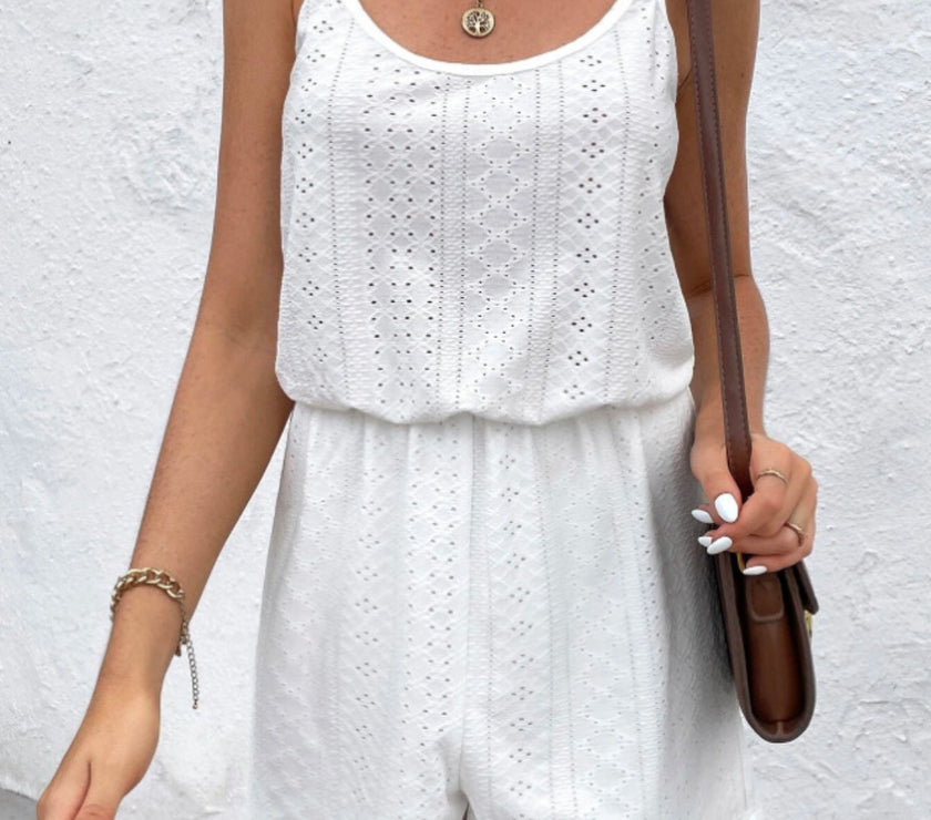 Eyelet Scoop Neck Double Spaghetti Straps Romper