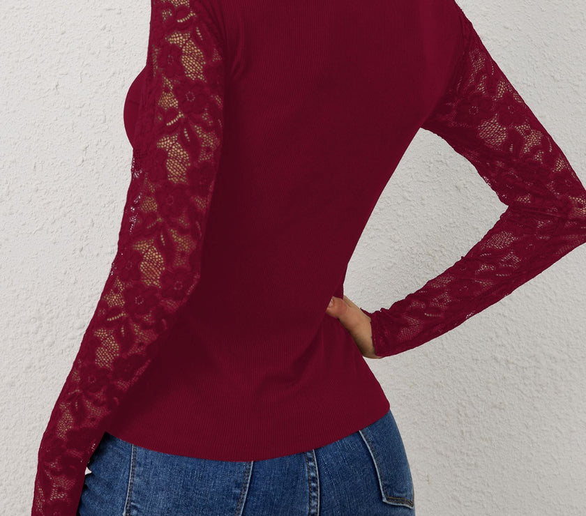 Lace Wavy Hem V-Neck Long Sleeve Top