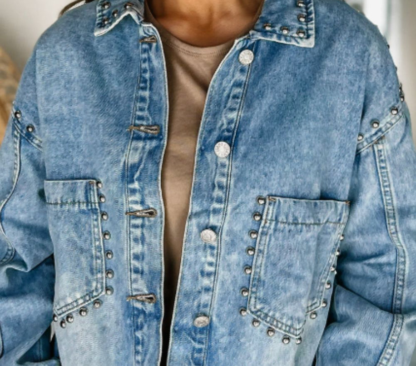 Studded Acid Wash Long Sleeve Denim Jacket