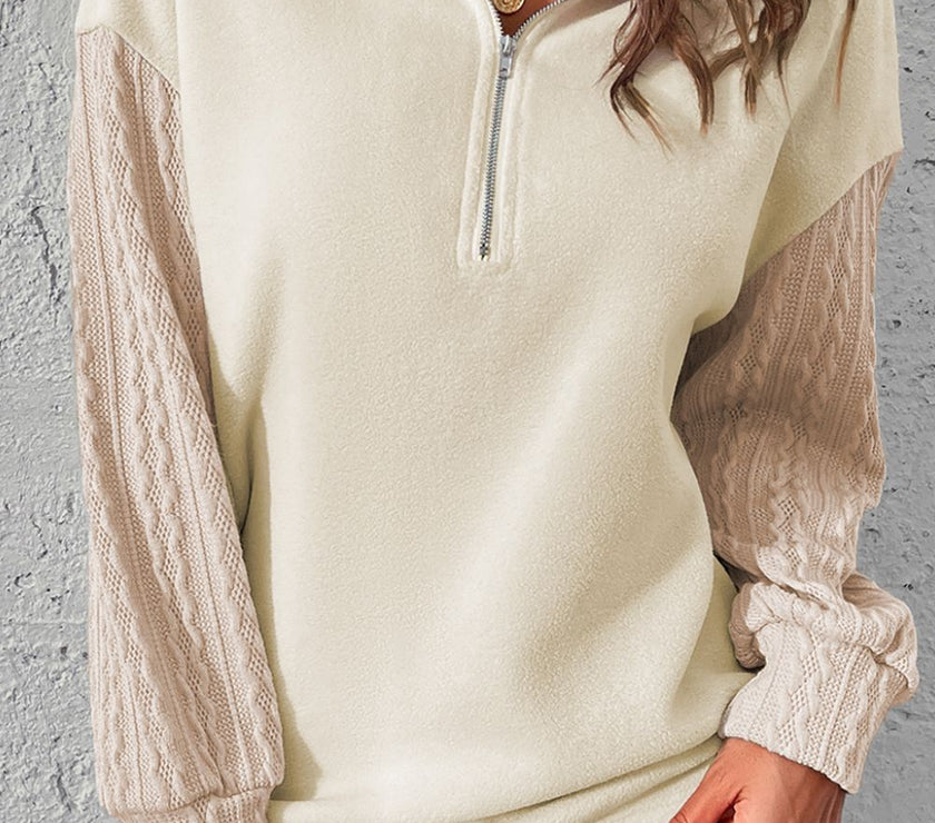 Half Zip Textured Patchwork Drop Shoulder Sweatshirt