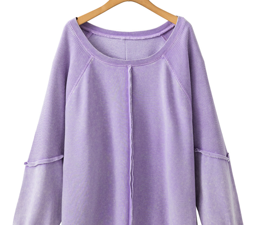 Orchid Petal Textured Patchwork Frilled Trim Plus Size Pullover Sweatshirt