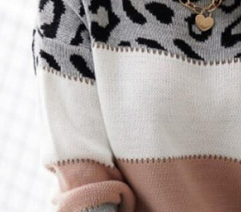 Leopard Color Block Round Neck Long Sleeve Sweater