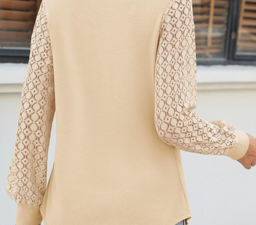 Cutout Round Neck Lace Long Sleeve Blouse