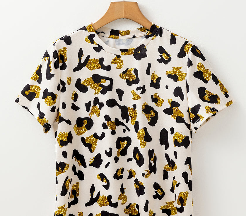 Apricot Leopard Print Round Neck Casual T Shirt