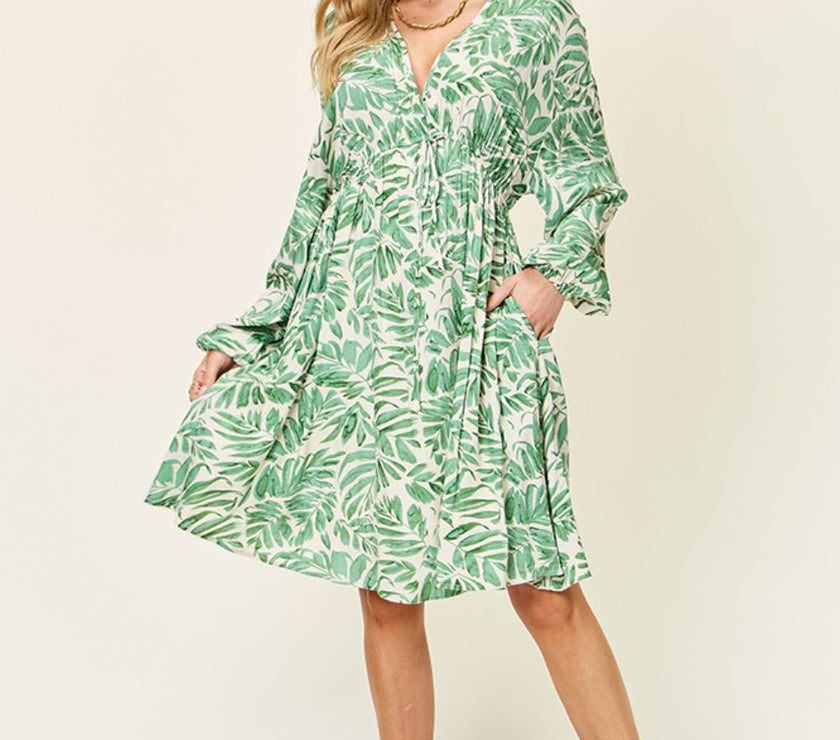 Double Take Full Size Printed Ruched Balloon Sleeve Dress