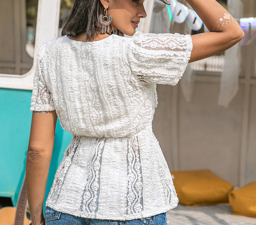 Lace V-Neck Short Sleeve Top