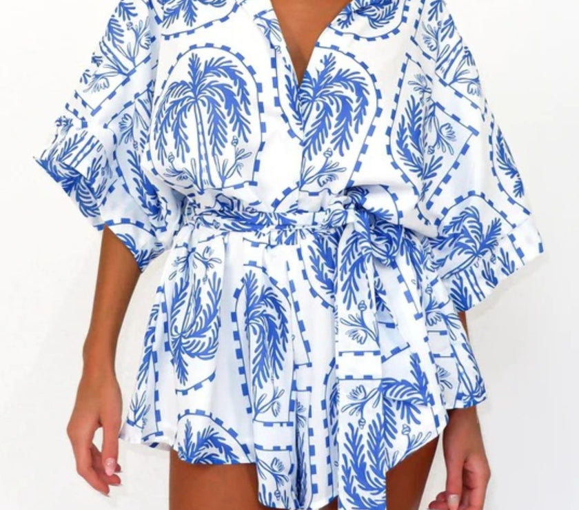 Printed Tie Waist Half Sleeve Romper