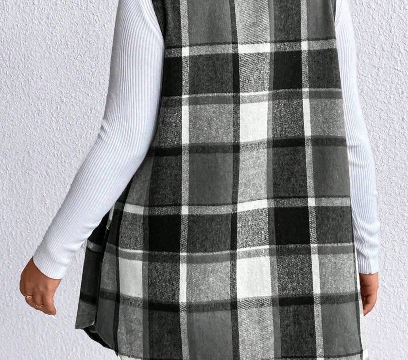 Honey Plus Size Pocketed Plaid Button Up Vest Coat