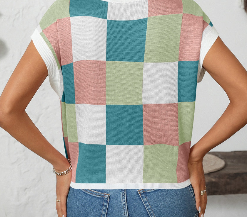 Mandy Checkered Round Neck Cap Sleeve Knit Top