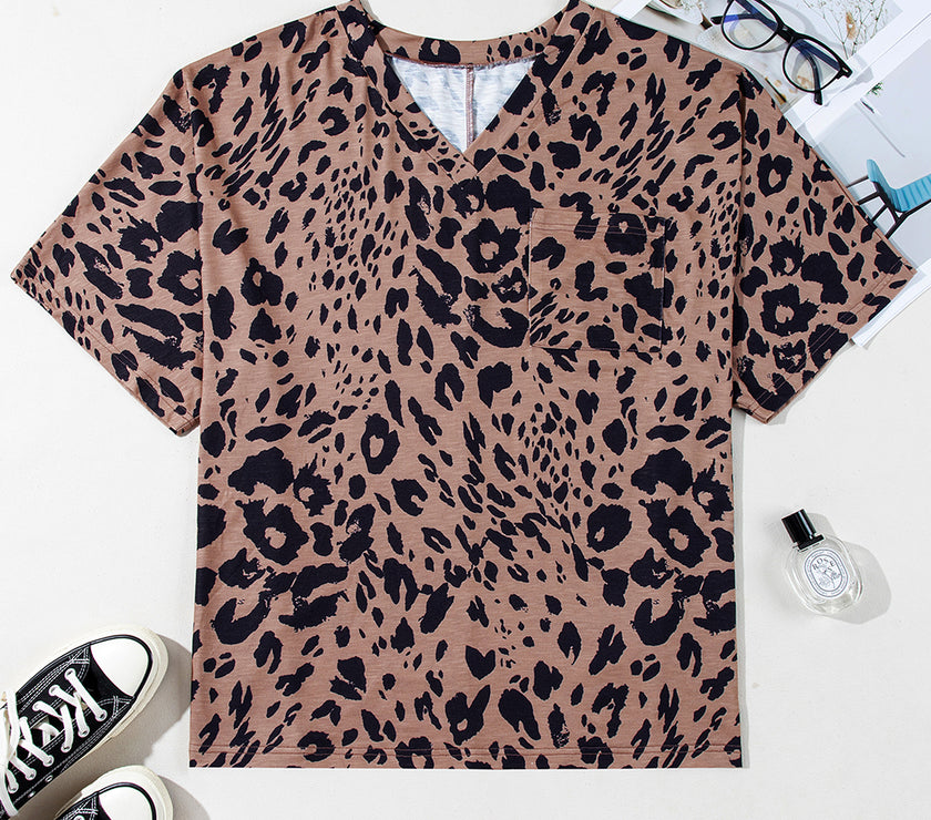 Brown Leopard Print V Neck Half Sleeve Oversized Tee
