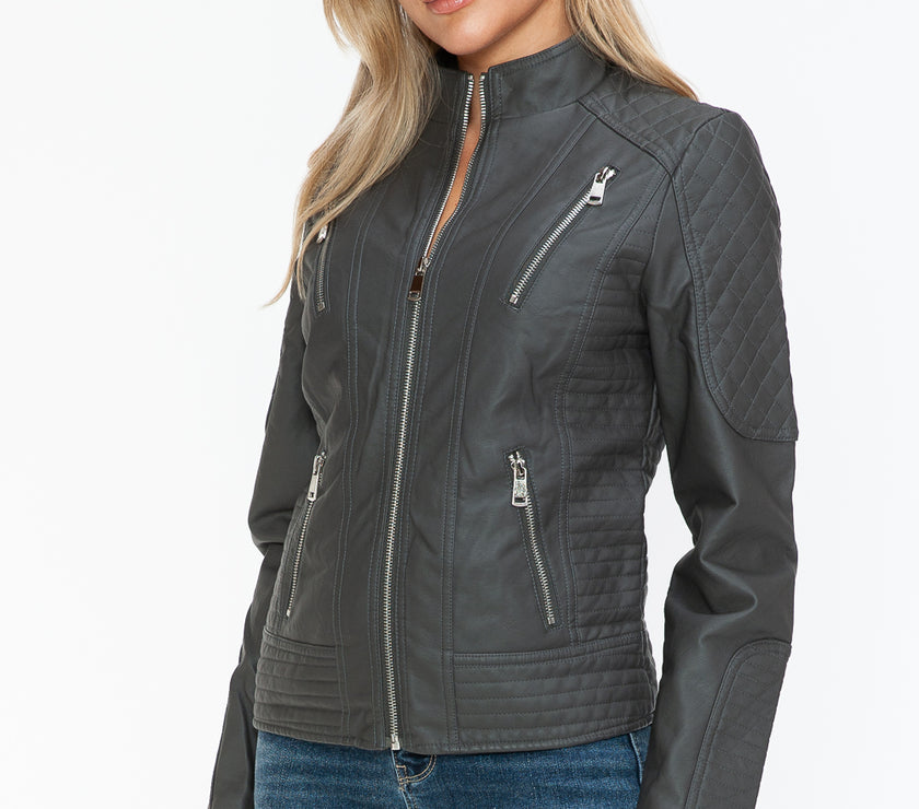 Snobbish Faux Leather Zip Up Mock Neck Jacket