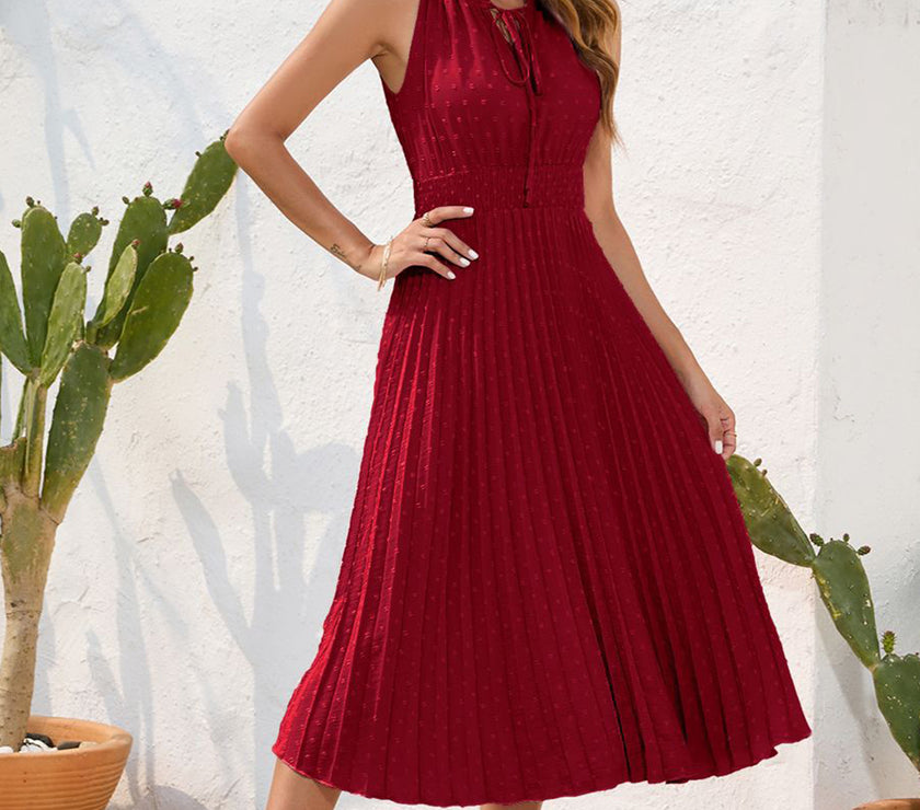 Swiss Dot Tie Neck Sleeveless Dress