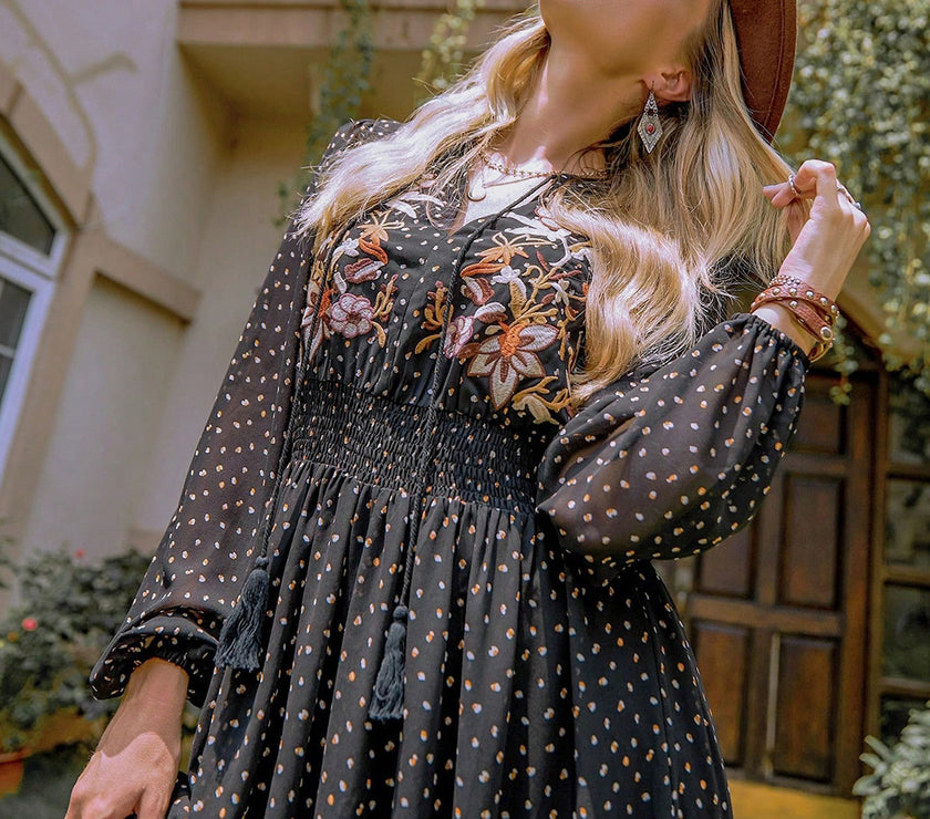 Embroidered Polka Dot Tie Neck Long Sleeve Midi Dress