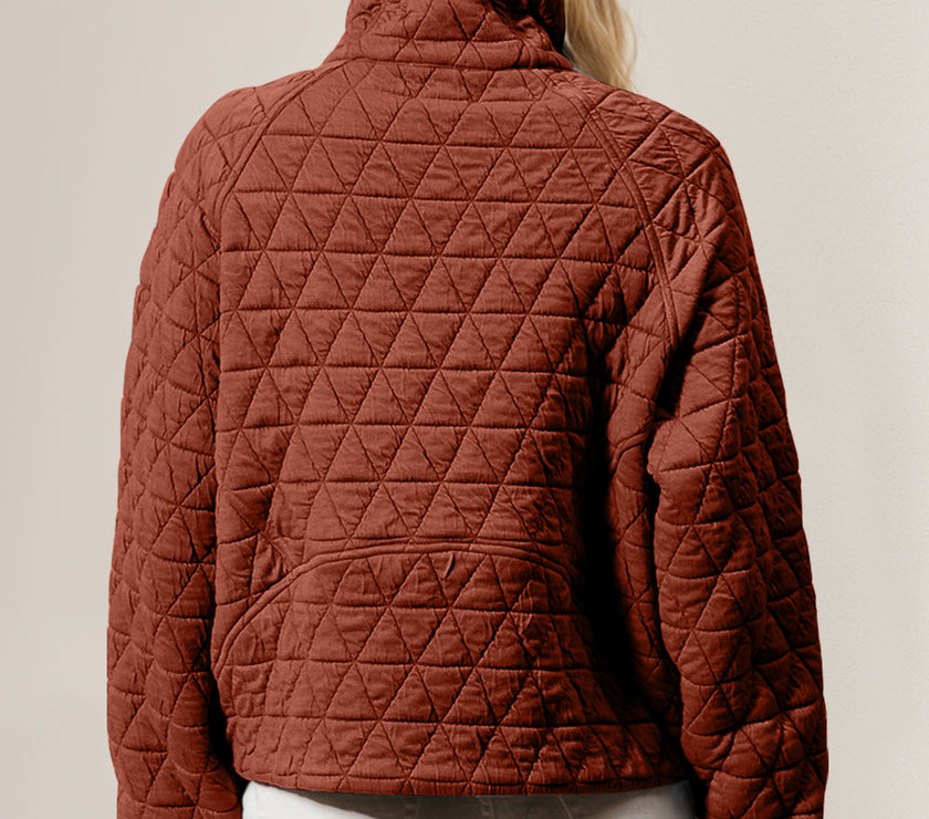 Double Take Half Zip Long Sleeve Quilted Sweatshirt with Pocket