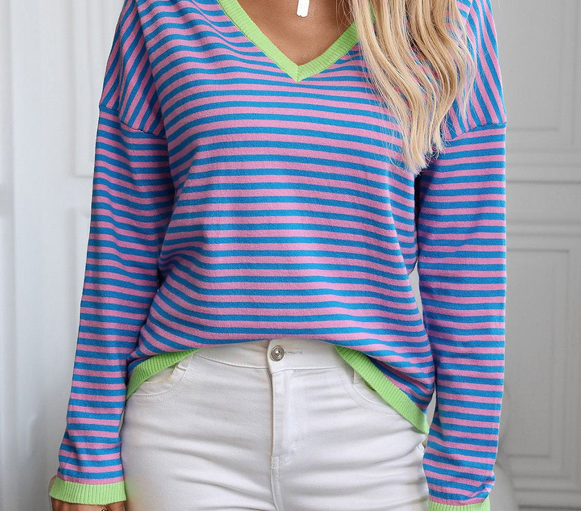 Contrast Trim Striped V-Neck Long Sleeve Knit Top