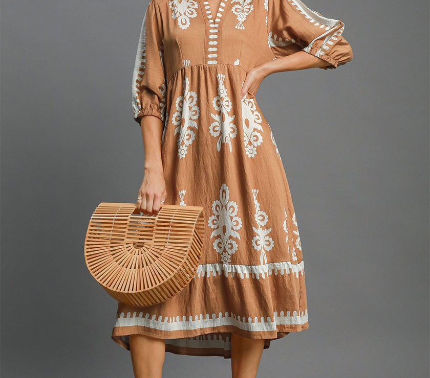 Umgee Full Size Printed Notched Midi Dress