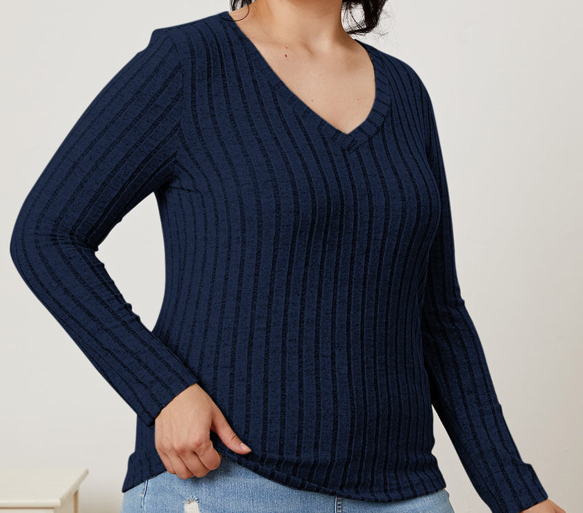 Basic Bae Full Size Ribbed V-Neck Long Sleeve T-Shirt