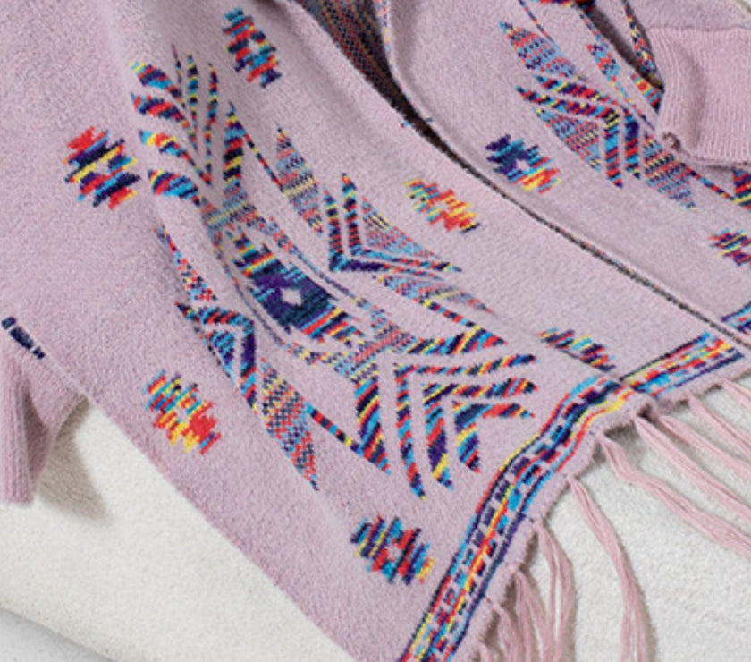 Fringe Geometric Open Front Long Sleeve Cape