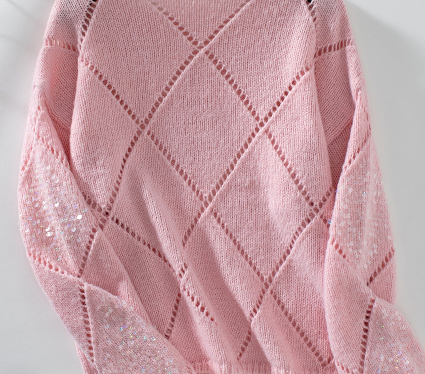 Openwork Round Neck Long Sleeve Knit Top