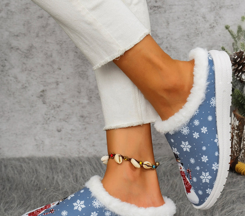 Snowman Print Flat Slippers with Faux Fur