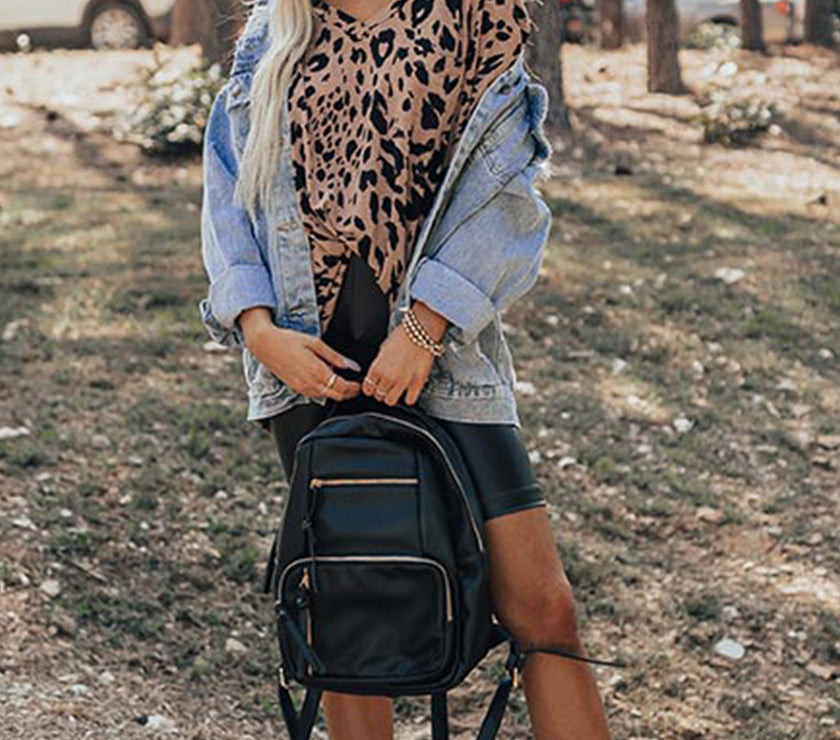 Brown Leopard Print V Neck Half Sleeve Oversized Tee