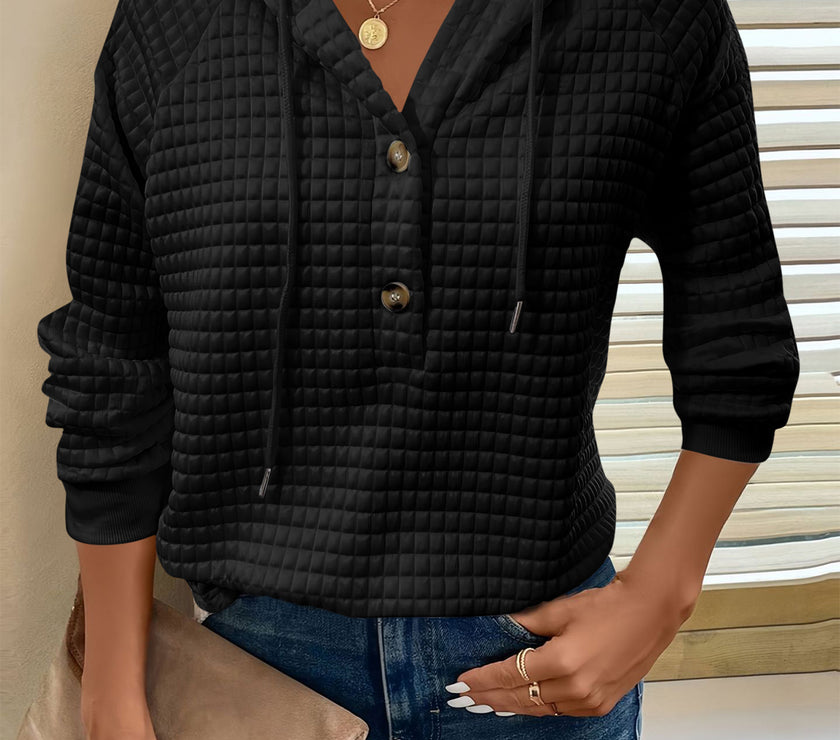 Full Size Texture Button Detail Drawstring Long Sleeve Hoodie